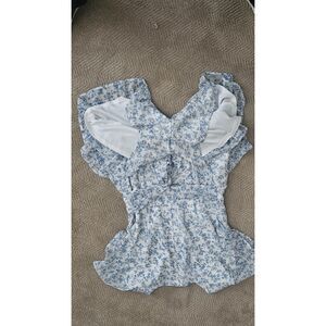 Blue Rain Blue & White Floral Ruffle Dress M • Tiered Skirt • Ruched Bodice